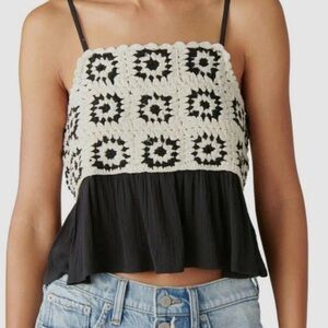 🌸5 for $50 Lucky Brand Babydoll Black and Cream Crop Crochet Top; size XL